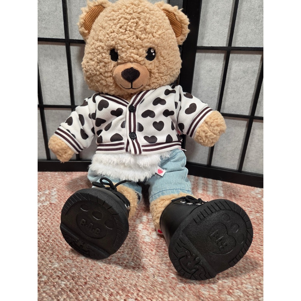 Build-A-Bear Workshop Tan Teddy Bear with Heart Cardigan Jeans and Boots Outfit